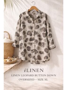 iLinen Linen Button Up Blouse Leopard Print Oversized XL Neutral Poland
